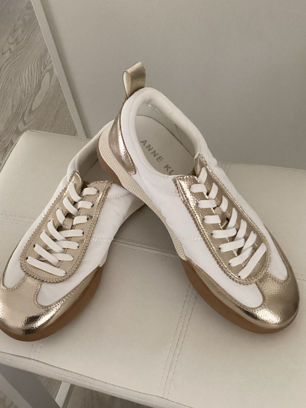 Anne Klein White and Metallic Gold Low-Top Sneakers